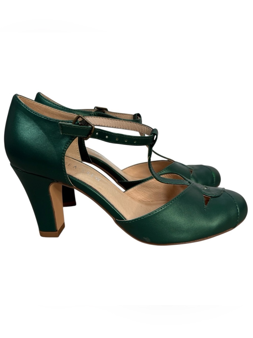 Chelsea Crew Green Leather T Strap Heels Pumps Vintage Retro Size 38 US 7